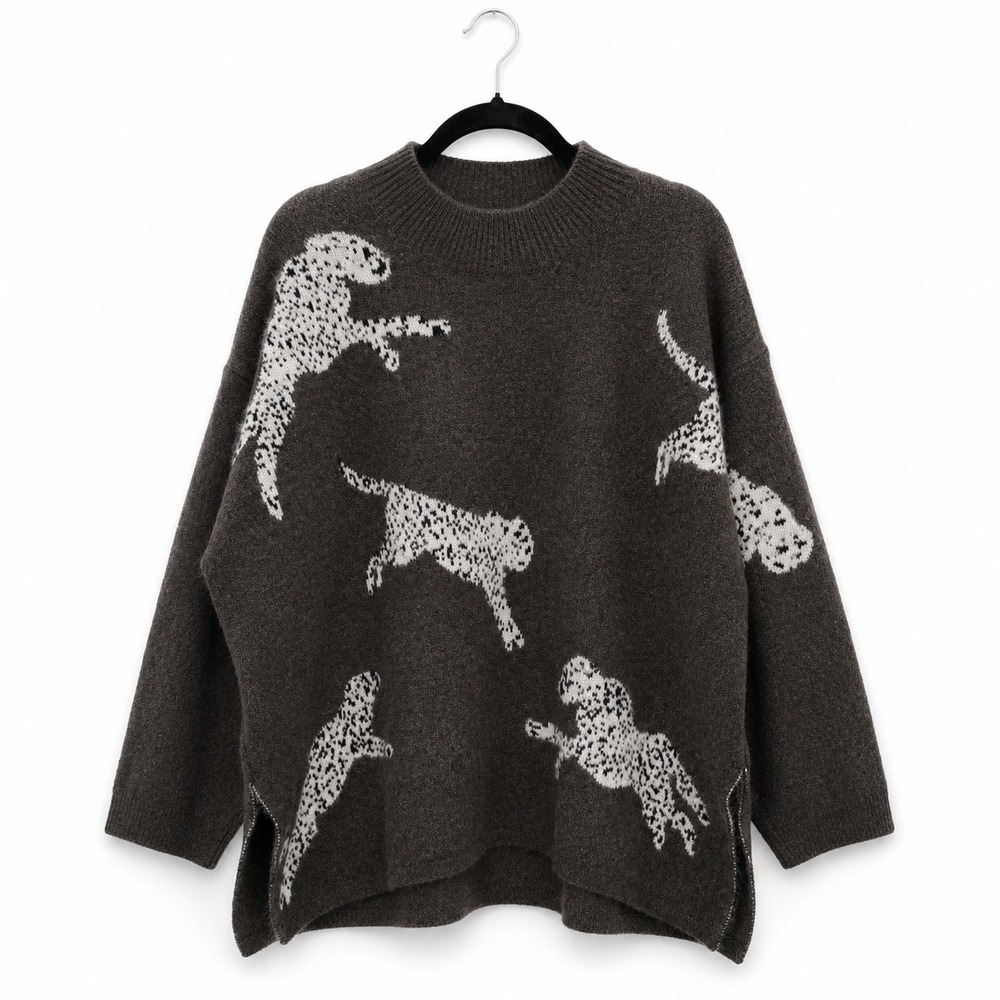 j.lbk Womens Cheetah Print Oversized Knit Sweater Brown Mock Neck M/L